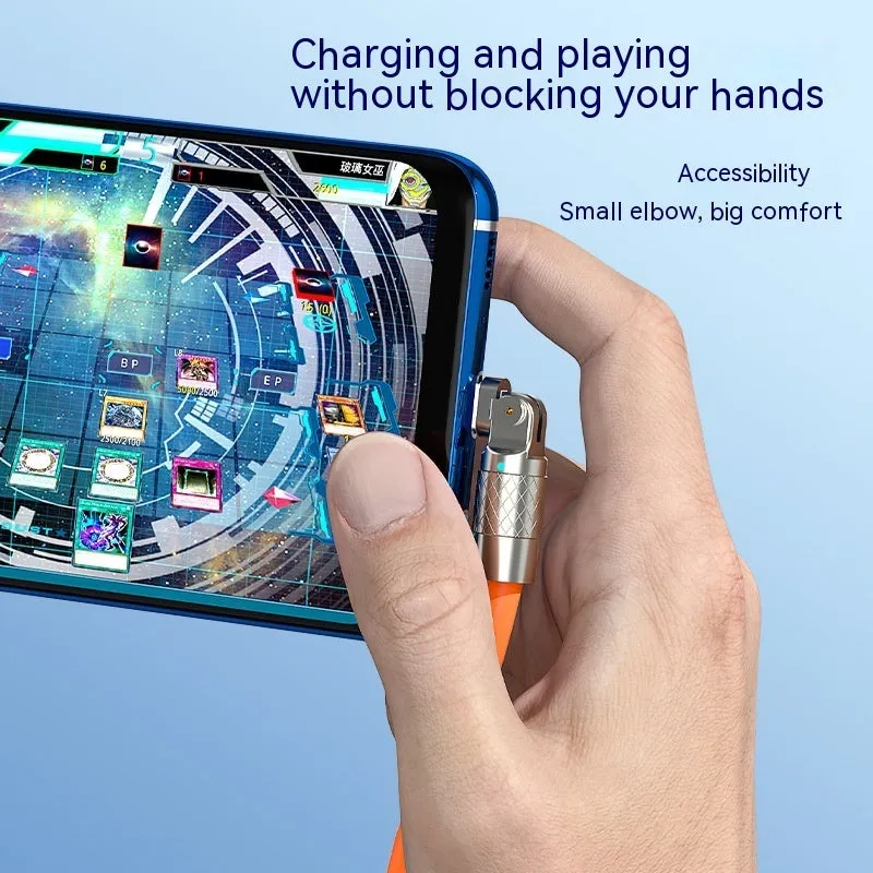 Orange rotating elbow USB charging cable showing 90-degree rotation with zinc alloy connection head