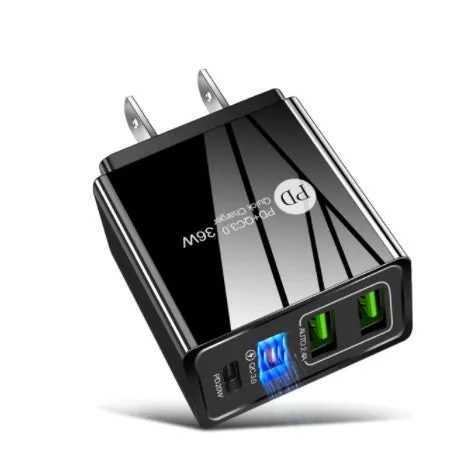 Dual USB fast charge travel mobile phone charger with PD charging head in black or white colour