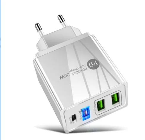 Dual USB fast charge travel mobile phone charger with PD charging head in black or white colour