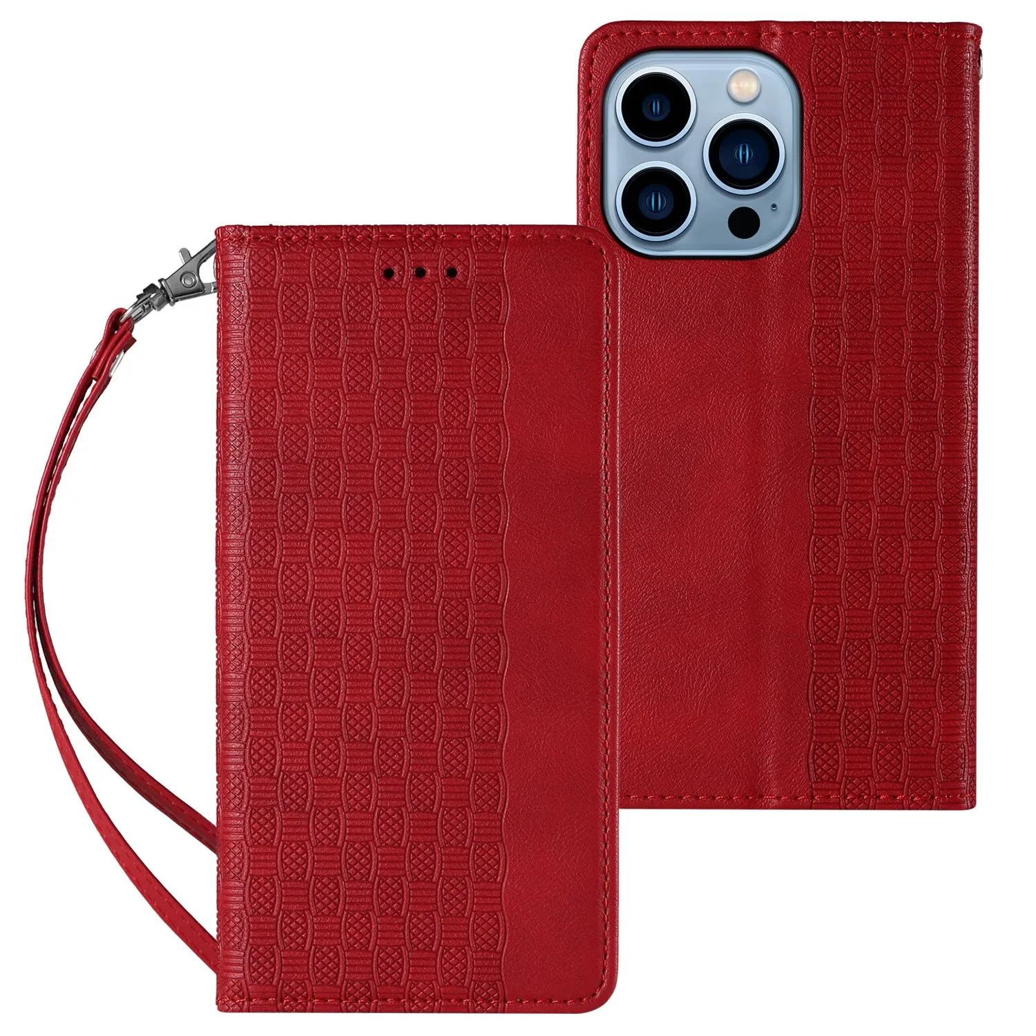 Embossed leather flip phone case for Apple iPhone in black, shown open and closed.