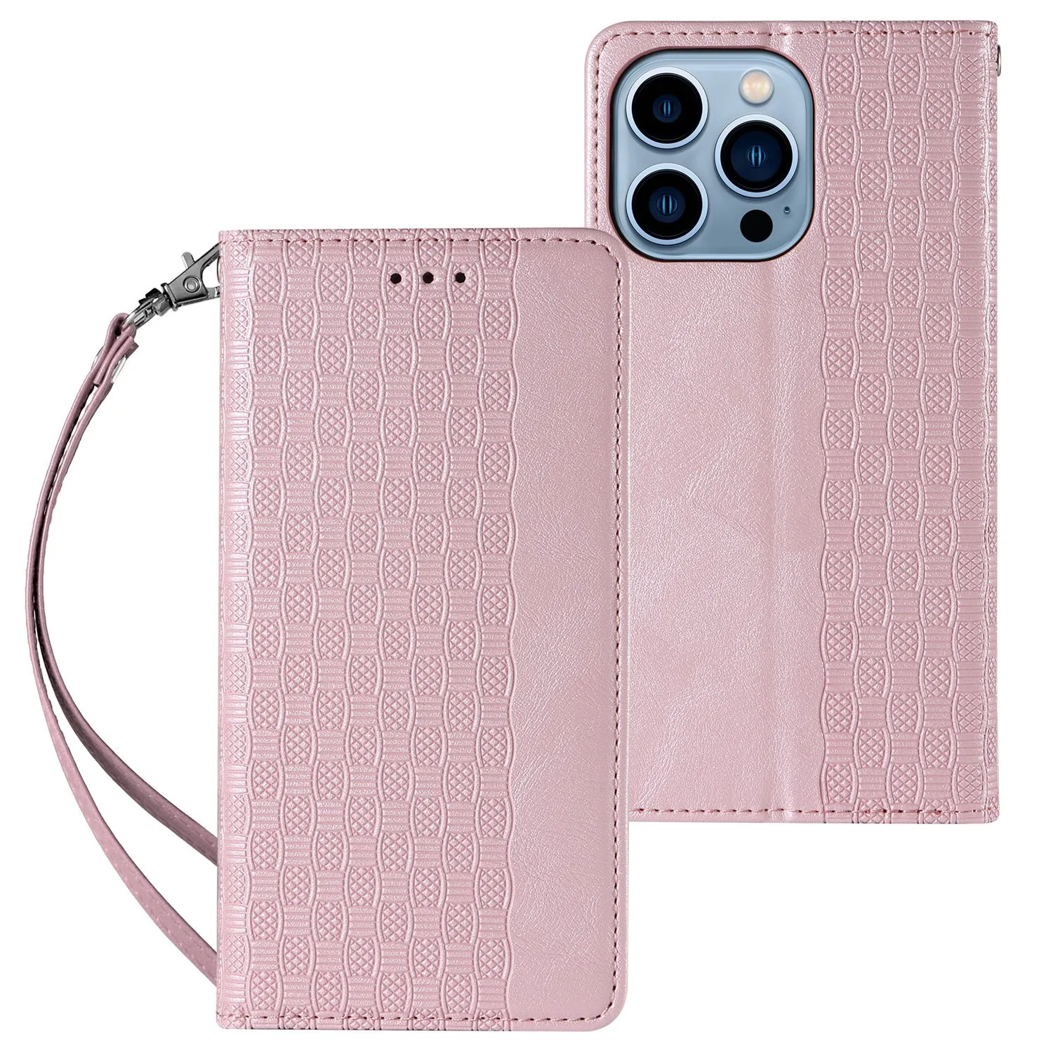 Embossed leather flip phone case for Apple iPhone in black, shown open and closed.