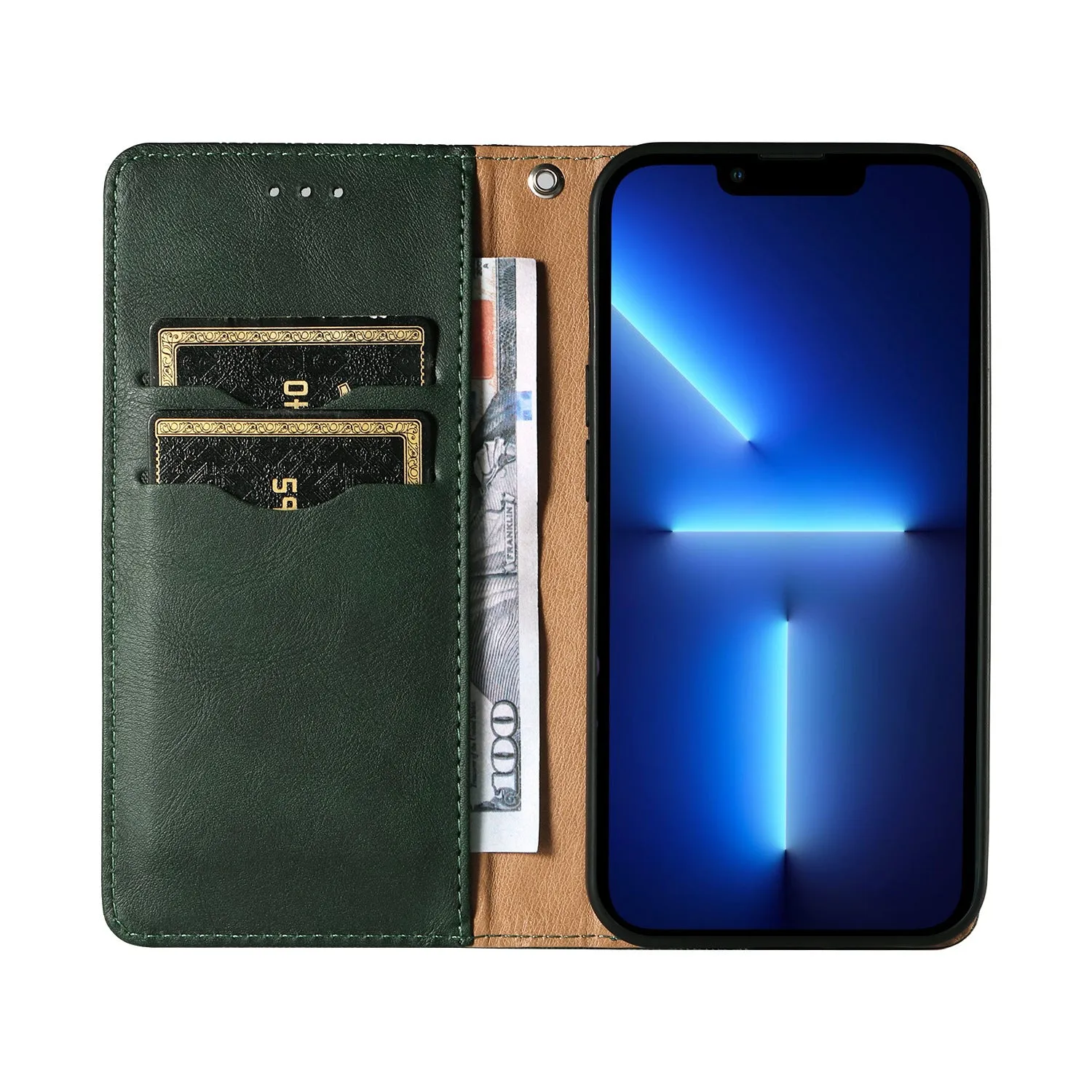 Embossed leather flip phone case for Apple iPhone in black, shown open and closed.