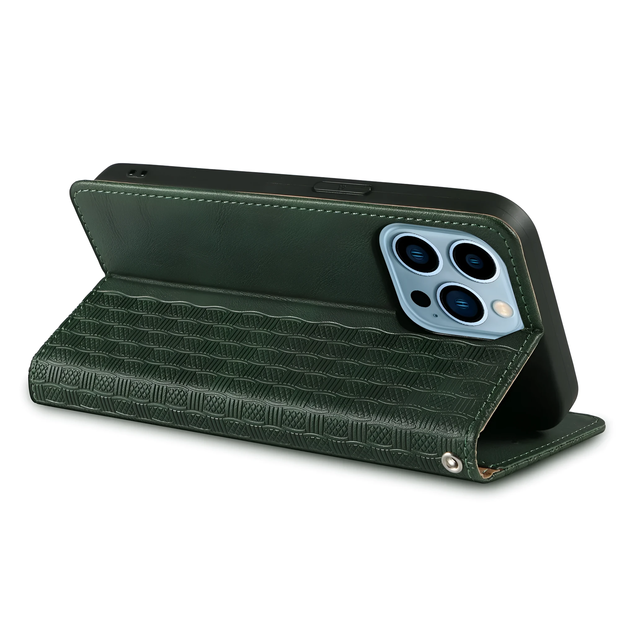 Embossed leather flip phone case for Apple iPhone in black, shown open and closed.