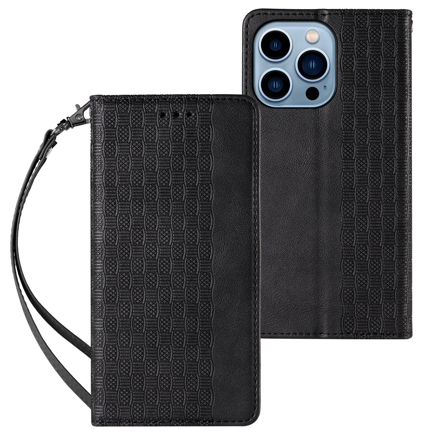 Embossed leather flip phone case for Apple iPhone in black, shown open and closed.