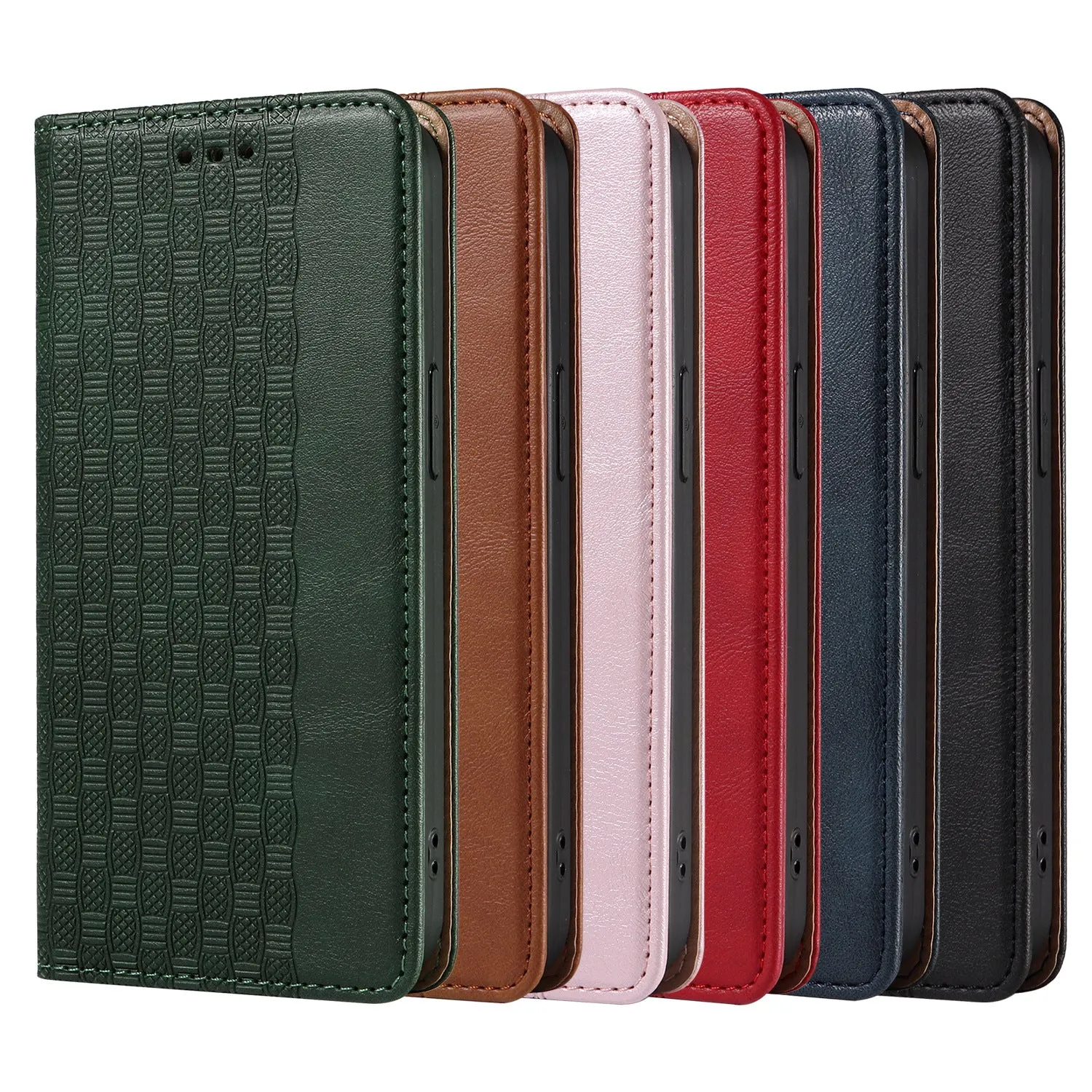 Embossed leather flip phone case for Apple iPhone in black, shown open and closed.