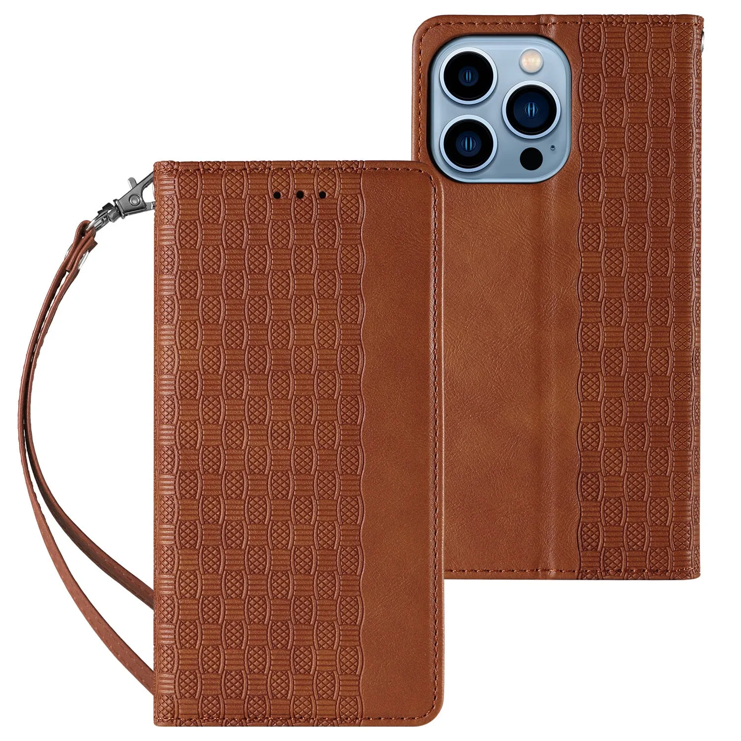 Embossed leather flip phone case for Apple iPhone in black, shown open and closed.