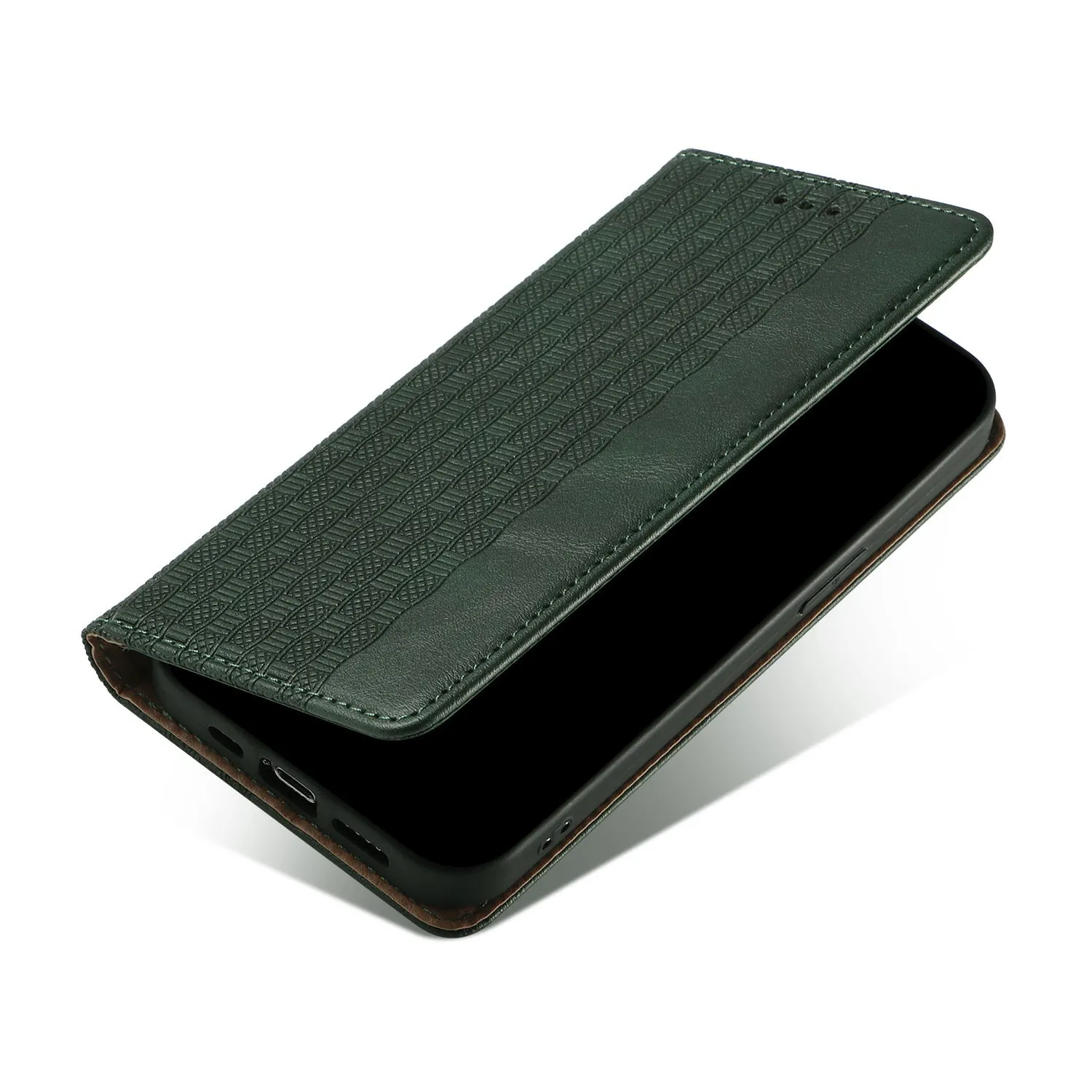 Embossed leather flip phone case for Apple iPhone in black, shown open and closed.