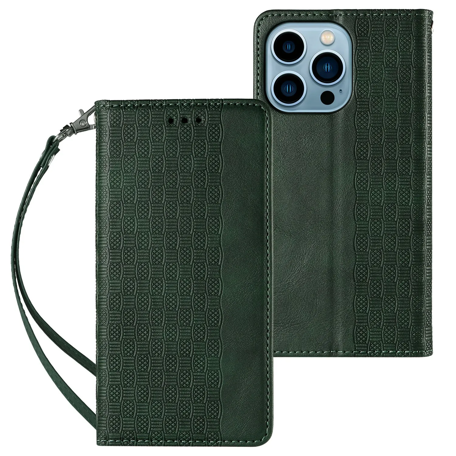 Embossed leather flip phone case for Apple iPhone in black, shown open and closed.