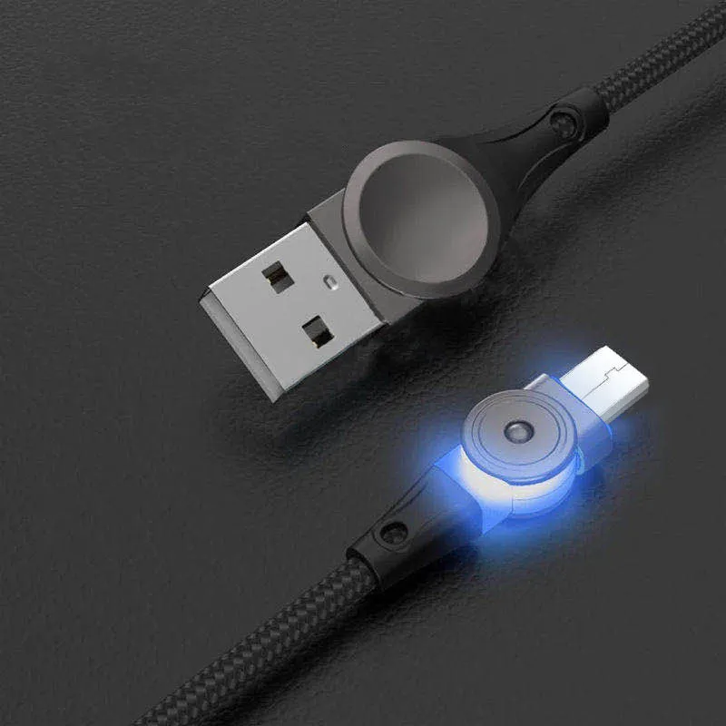 Black universal charger cable with rotating zinc alloy connectors for iPhone and Android phones.