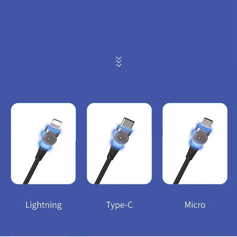 Black universal charger cable with rotating zinc alloy connectors for iPhone and Android phones.