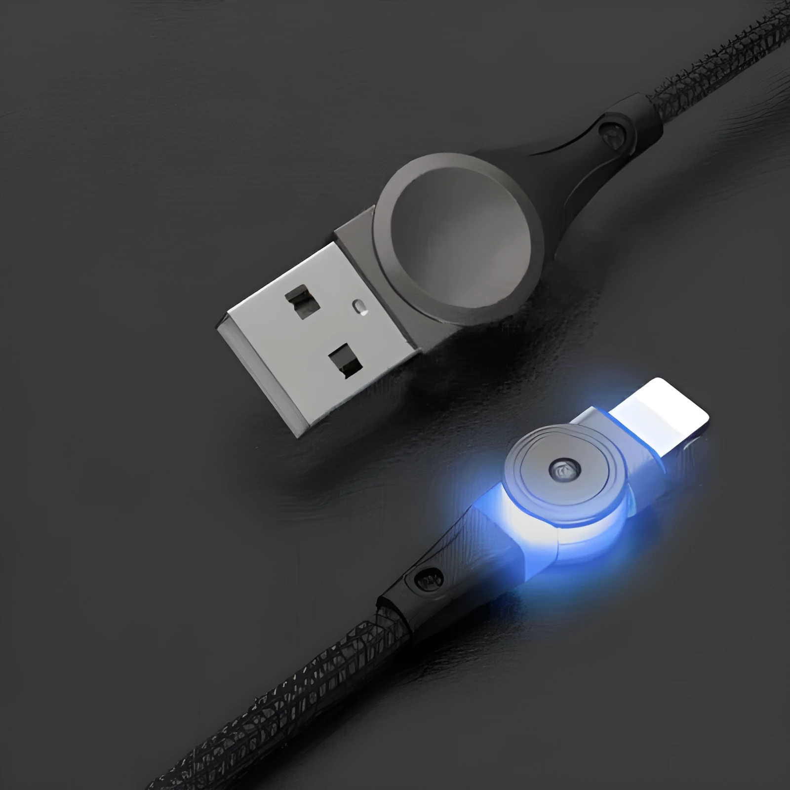 Black universal charger cable with rotating zinc alloy connectors for iPhone and Android phones.