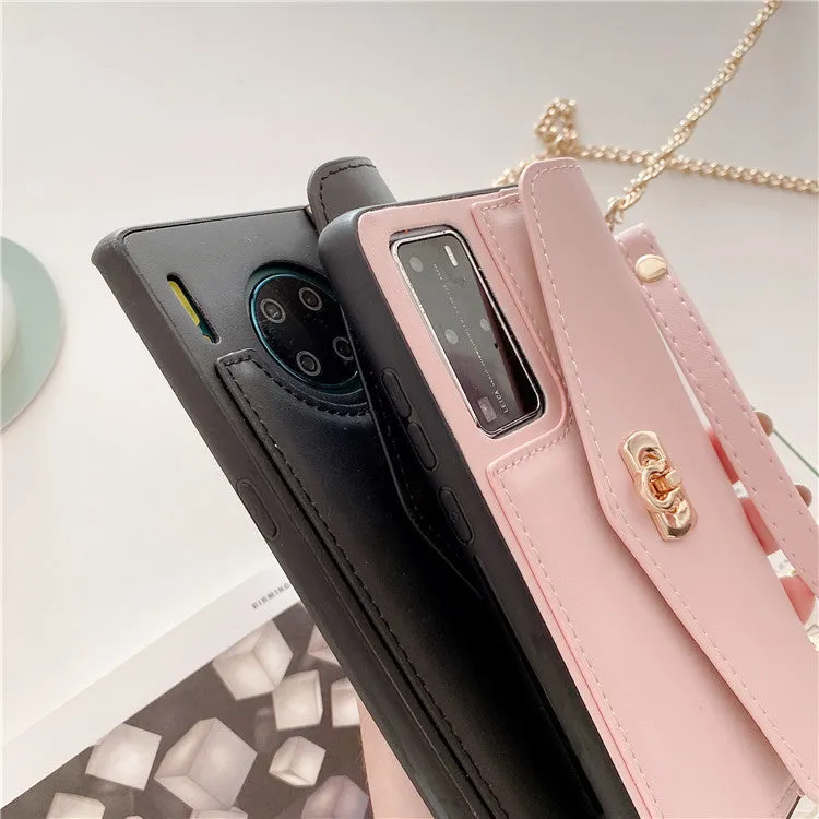 Leather pattern Huawei phone case with diagonal gold chain in pink, black, green, or grey colours