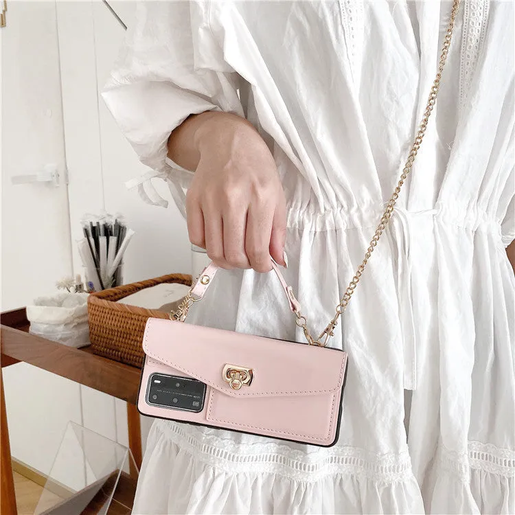 Leather pattern Huawei phone case with diagonal gold chain in pink, black, green, or grey colours