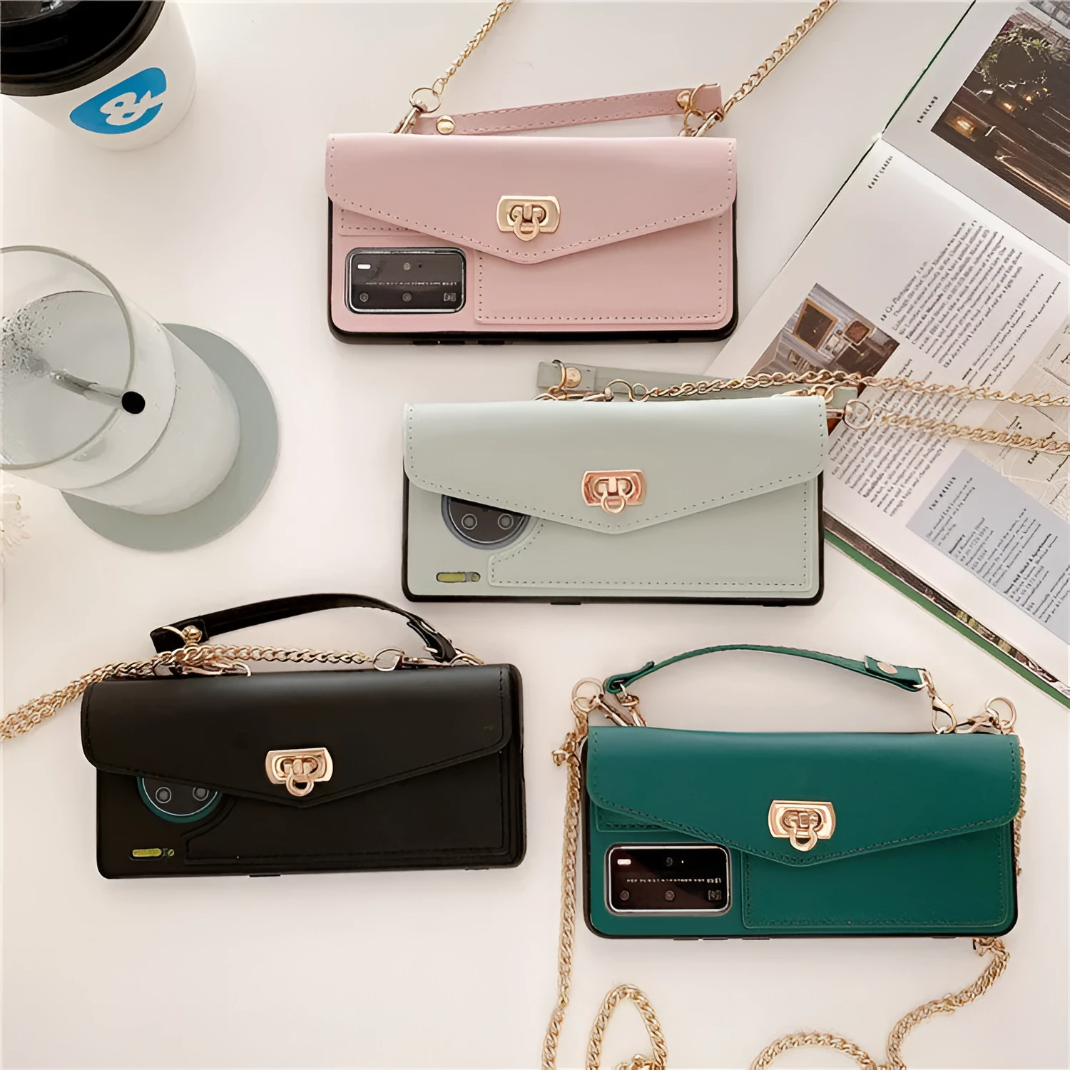 Leather pattern Huawei phone case with diagonal gold chain in pink, black, green, or grey colours