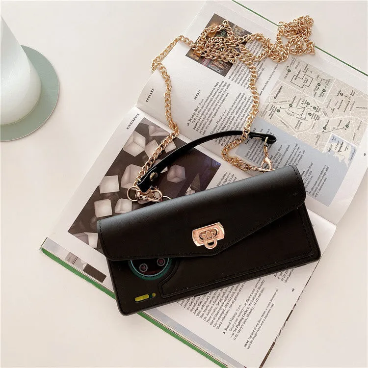 Leather pattern Huawei phone case with diagonal gold chain in pink, black, green, or grey colours
