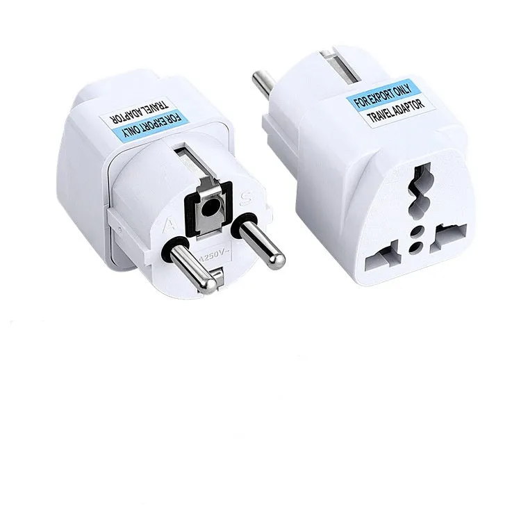A multi country travel conversion plug for British, American, Australian, and European power sockets.