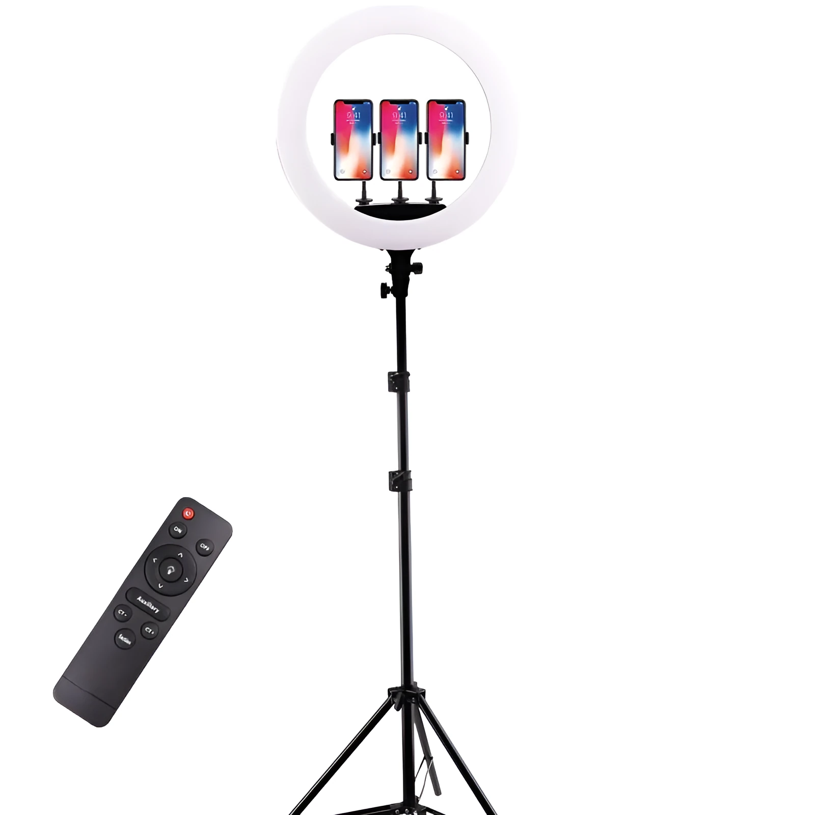18-inch diameter LED ring light with remote control on a 210cm adjustable aluminium stand for live streaming