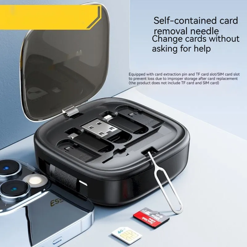 Black and white ABS PC mobile phone charging interface cable storage box with multi-function cable