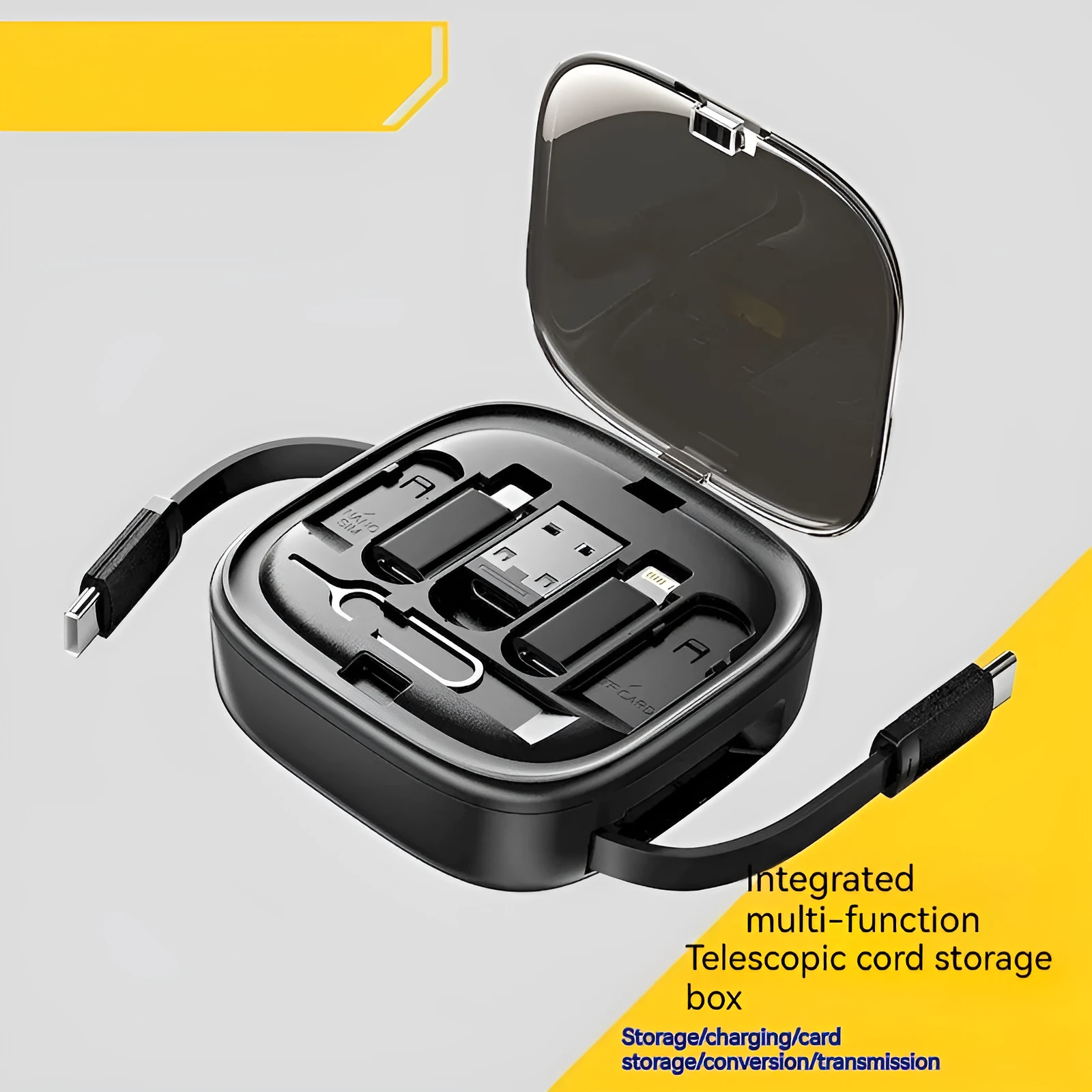 Black and white ABS PC mobile phone charging interface cable storage box with multi-function cable