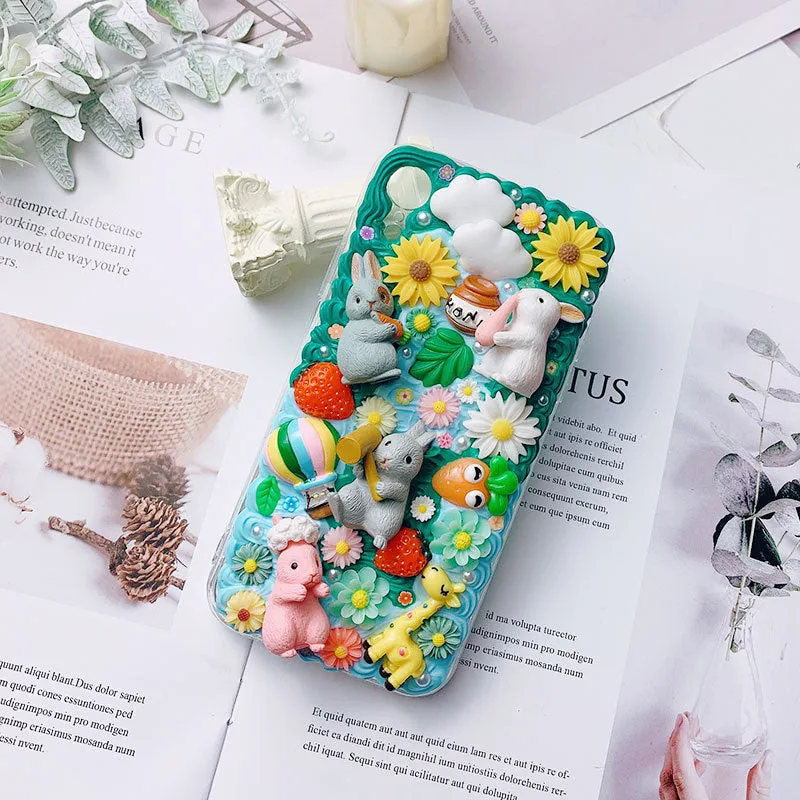 Green silicone iPhone case with 3D cartoon rabbit design showing textured surface and port cutouts