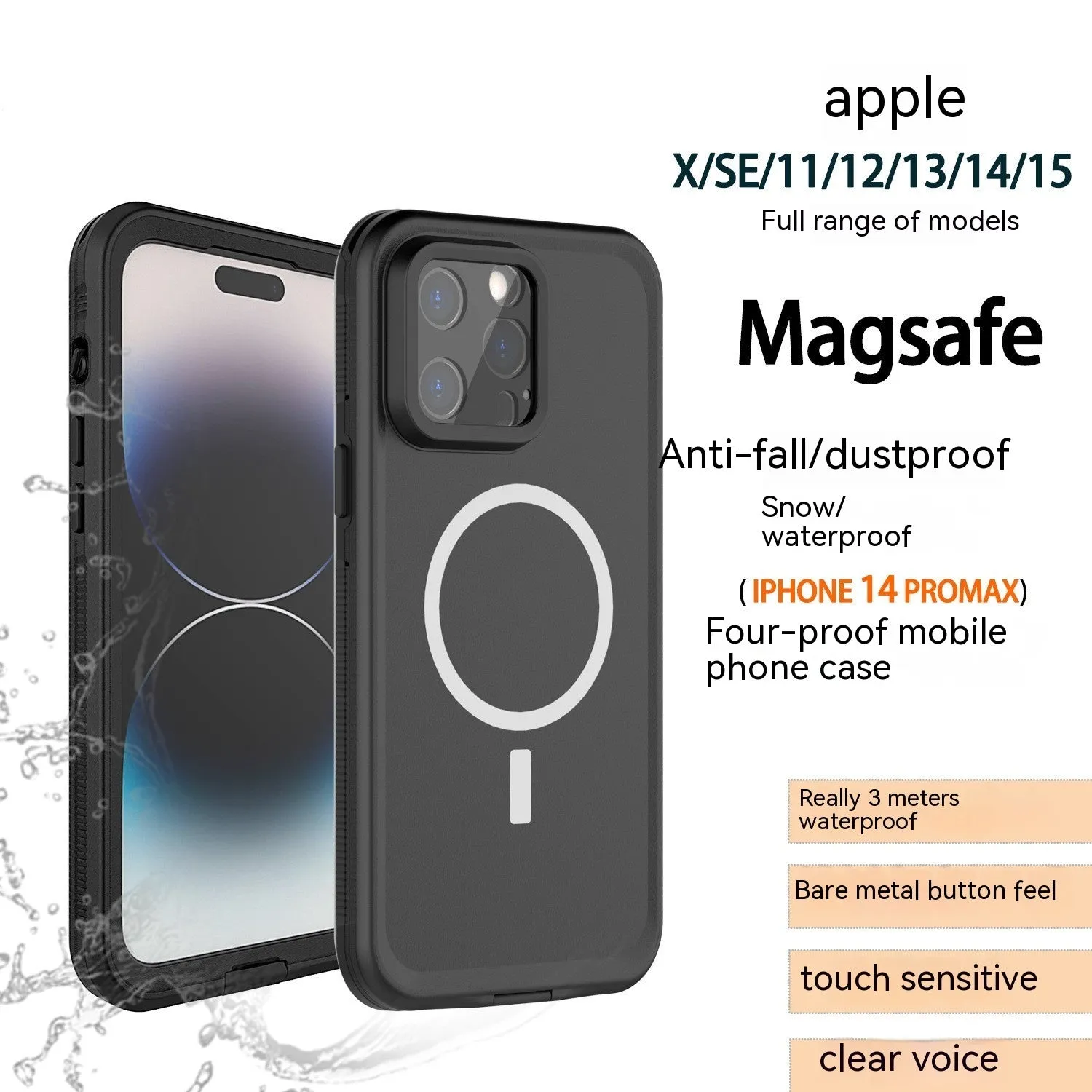 Black waterproof magnetic suction protective iPhone case for iPhone 15 Pro Max shown on a phone with a frosted finish.