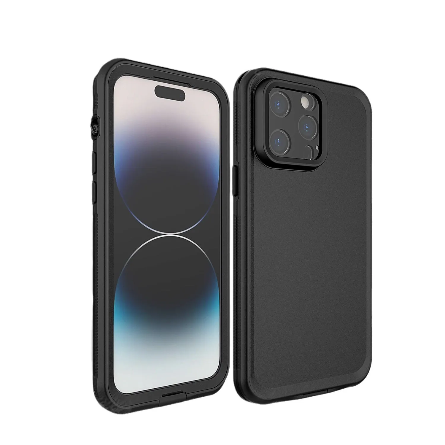 Black waterproof magnetic suction protective iPhone case for iPhone 15 Pro Max shown on a phone with a frosted finish.