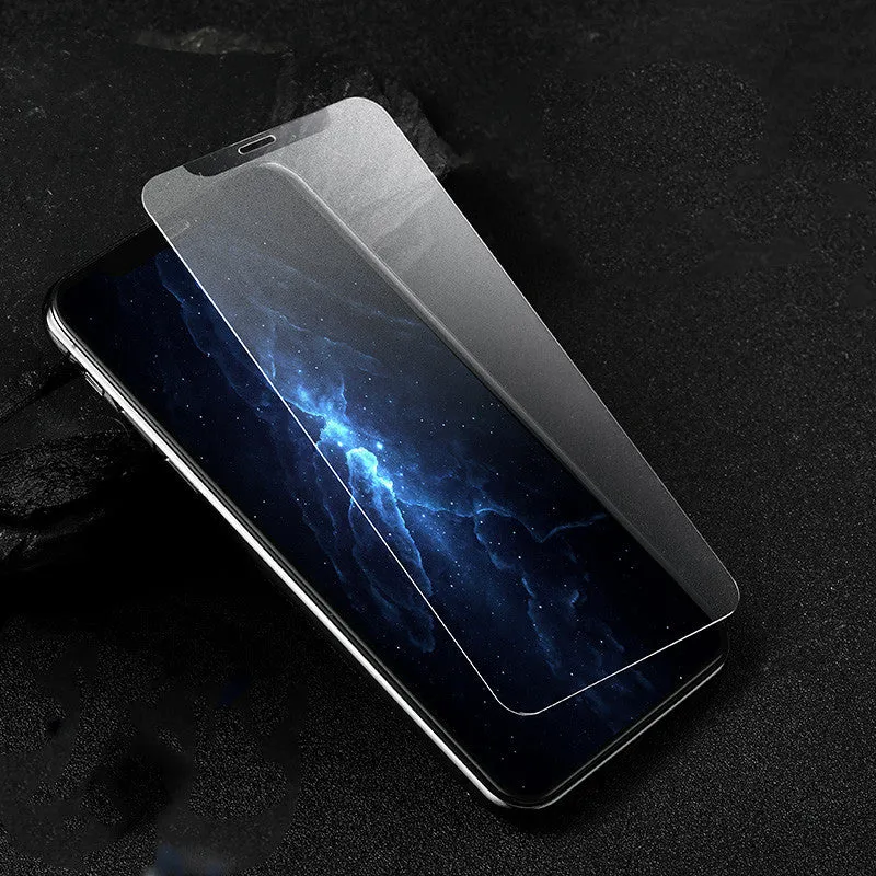 Tempered glass screen protector for iPhone models 11, X, XS, showing anti-fingerprint and HD features.