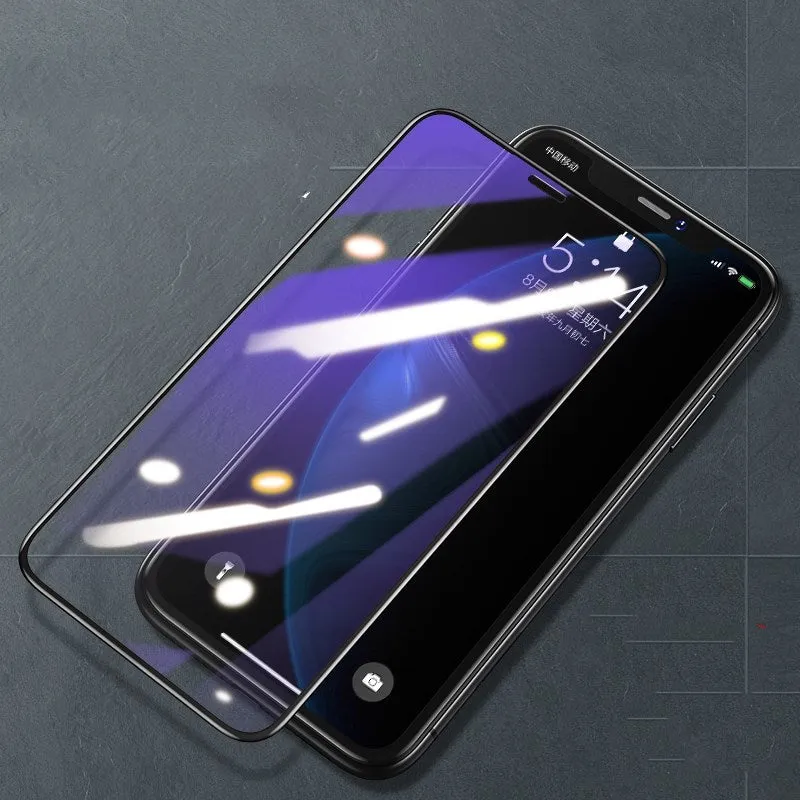 Tempered glass screen protector for iPhone models 11, X, XS, showing anti-fingerprint and HD features.