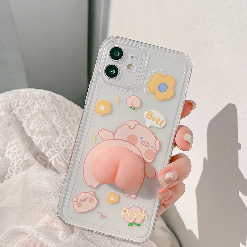 Transparent silicone phone case with a three-dimensional piggy butt design compatible with Apple iPhone