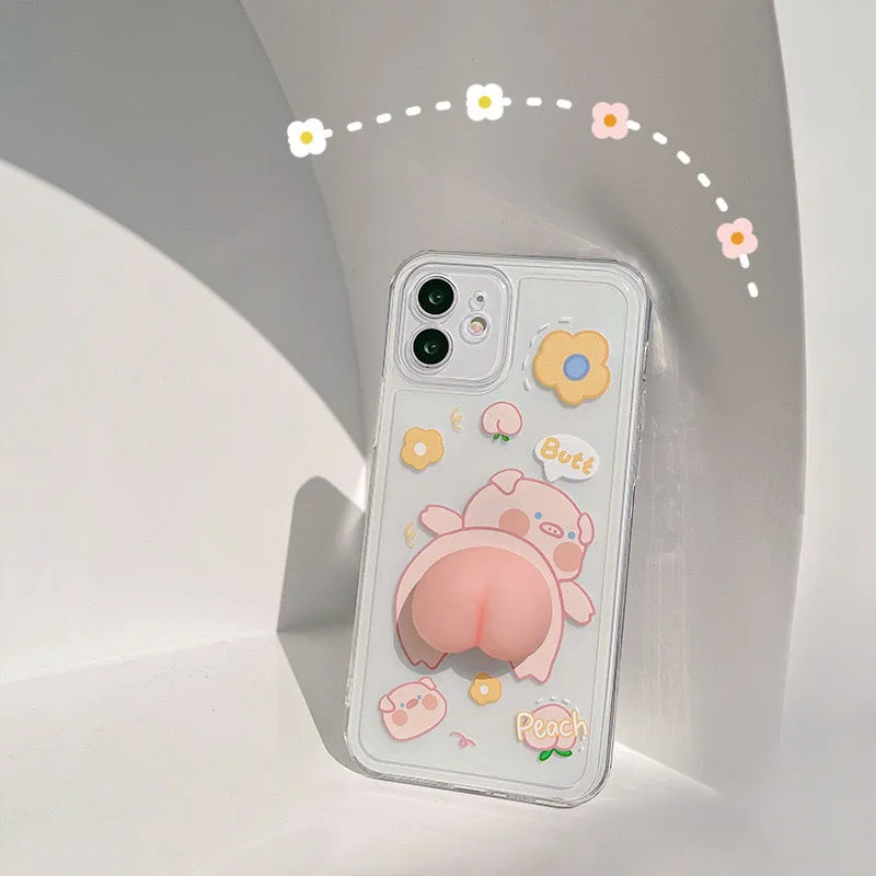 Transparent silicone phone case with a three-dimensional piggy butt design compatible with Apple iPhone