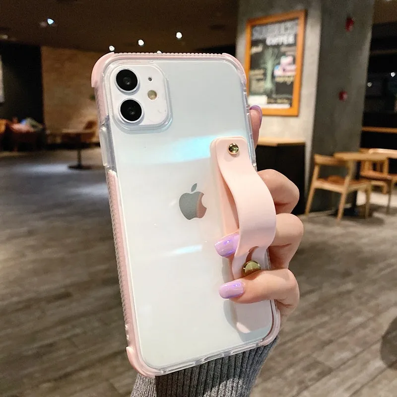 Two-colour transparent silicone iPhone case with anti-fall corners and built-in stand in black, green, pink, purple or white