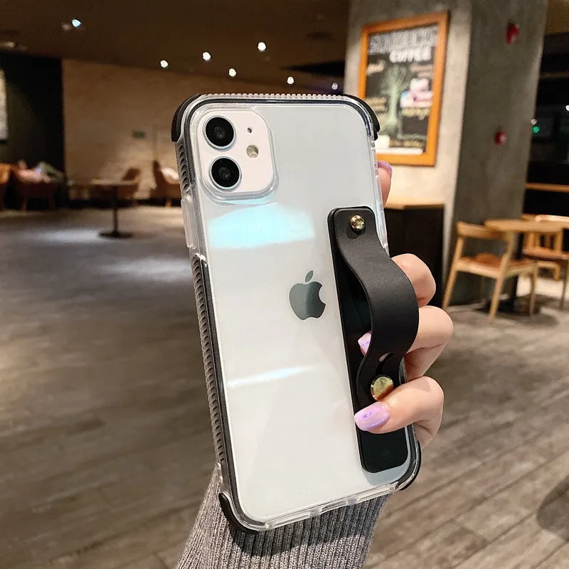 Two-colour transparent silicone iPhone case with anti-fall corners and built-in stand in black, green, pink, purple or white