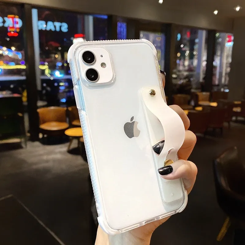 Two-colour transparent silicone iPhone case with anti-fall corners and built-in stand in black, green, pink, purple or white