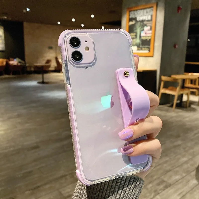 Two-colour transparent silicone iPhone case with anti-fall corners and built-in stand in black, green, pink, purple or white