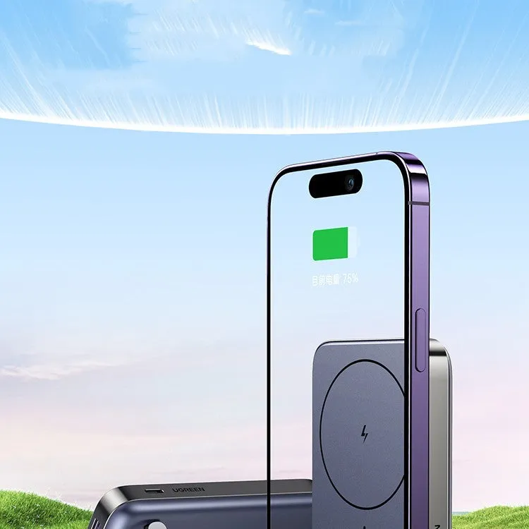 Small black portable magnetic bracket power bank with 10000mAh capacity on a table.