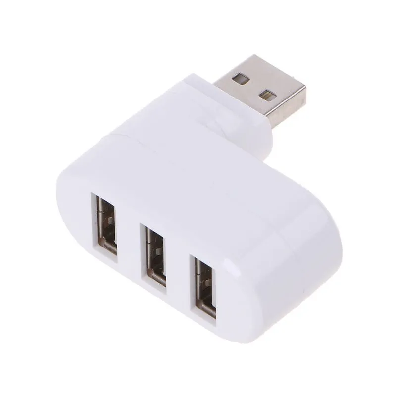 Black or white USB 2.0 four-port hub for laptop expansion on a desk.