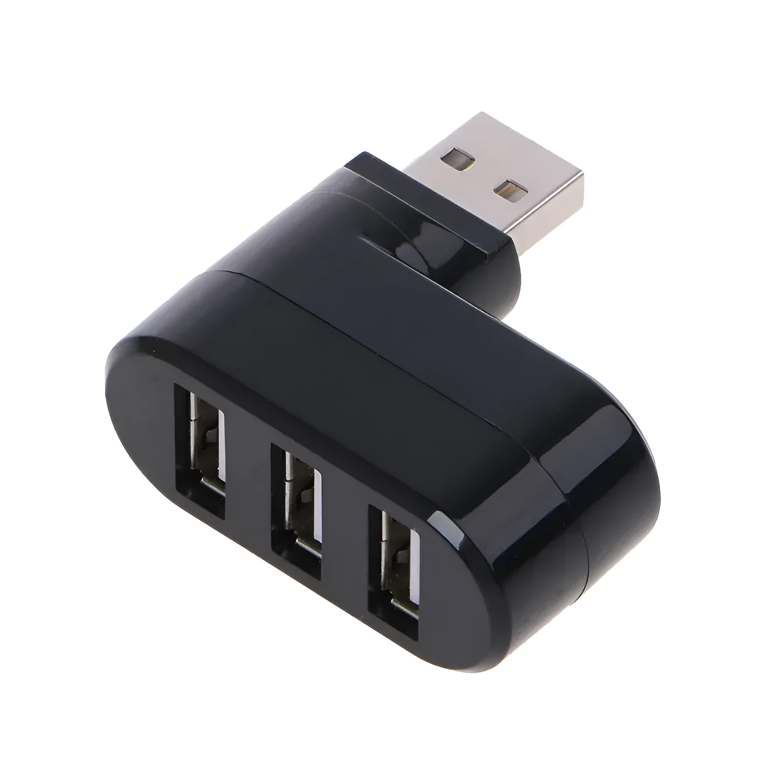 Black or white USB 2.0 four-port hub for laptop expansion on a desk.