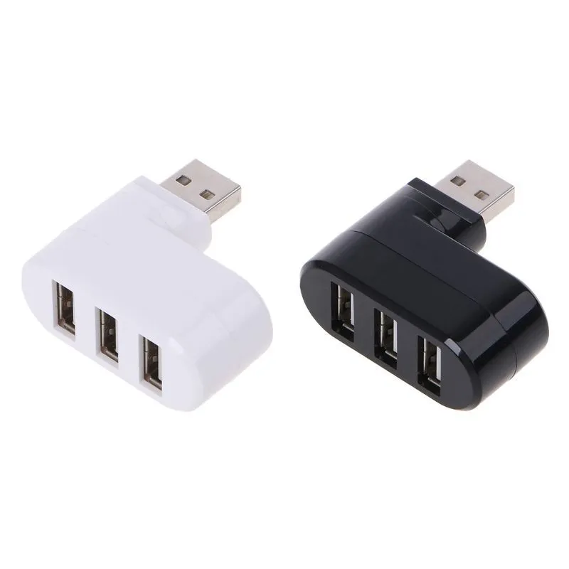Black or white USB 2.0 four-port hub for laptop expansion on a desk.