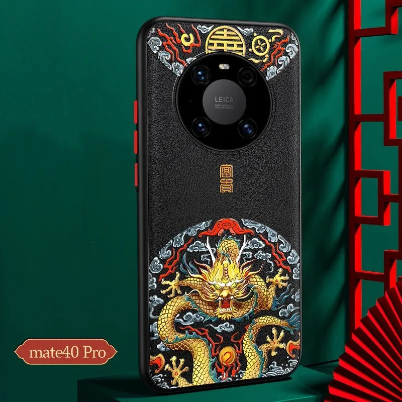 Chinese style imitation leather protective case for Huawei Mate40 phone featuring a Dragon design.
