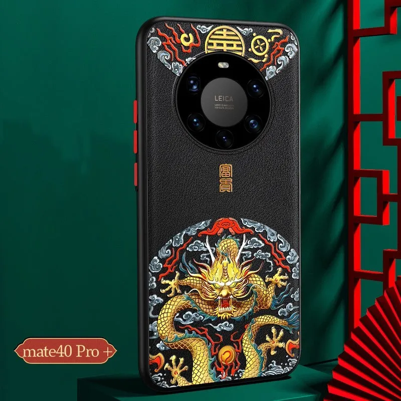 Chinese style imitation leather protective case for Huawei Mate40 phone featuring a Dragon design.