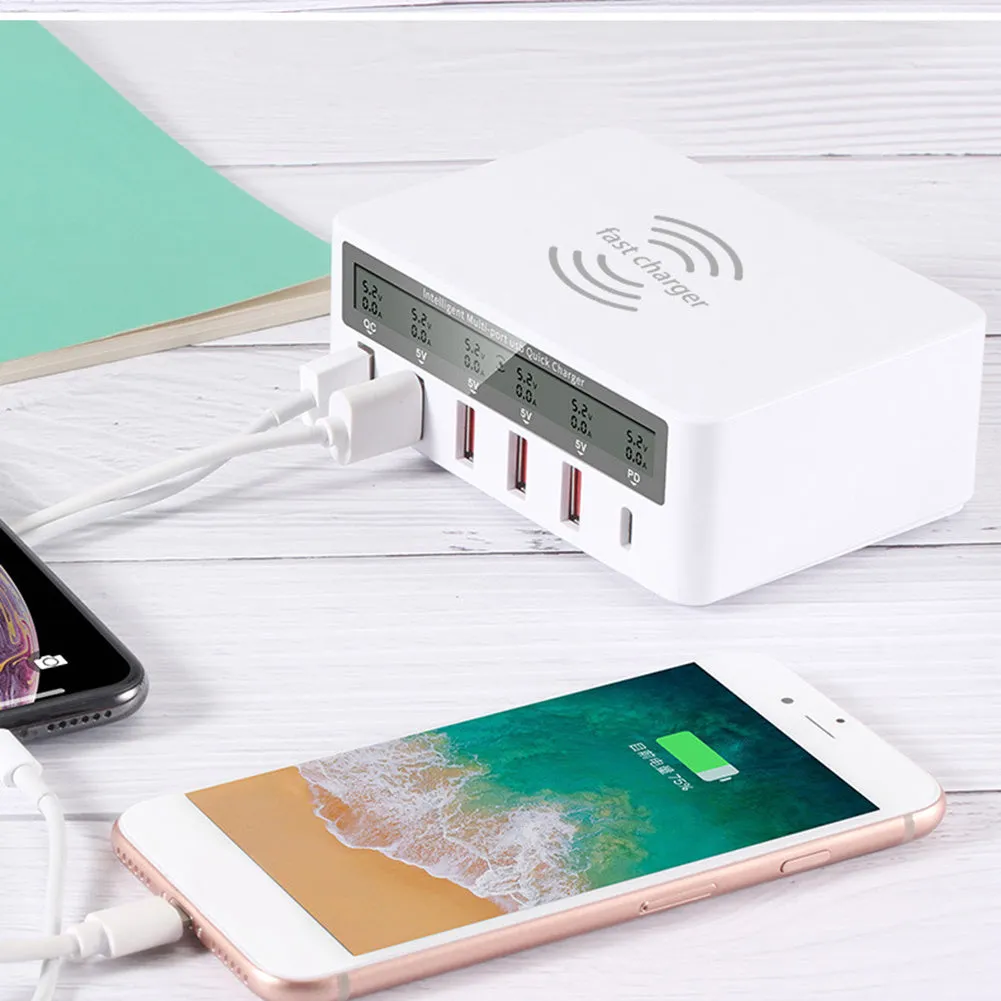 White USB charging station with six ports including USB-C, 1.5 metre cable, and plug adapter options