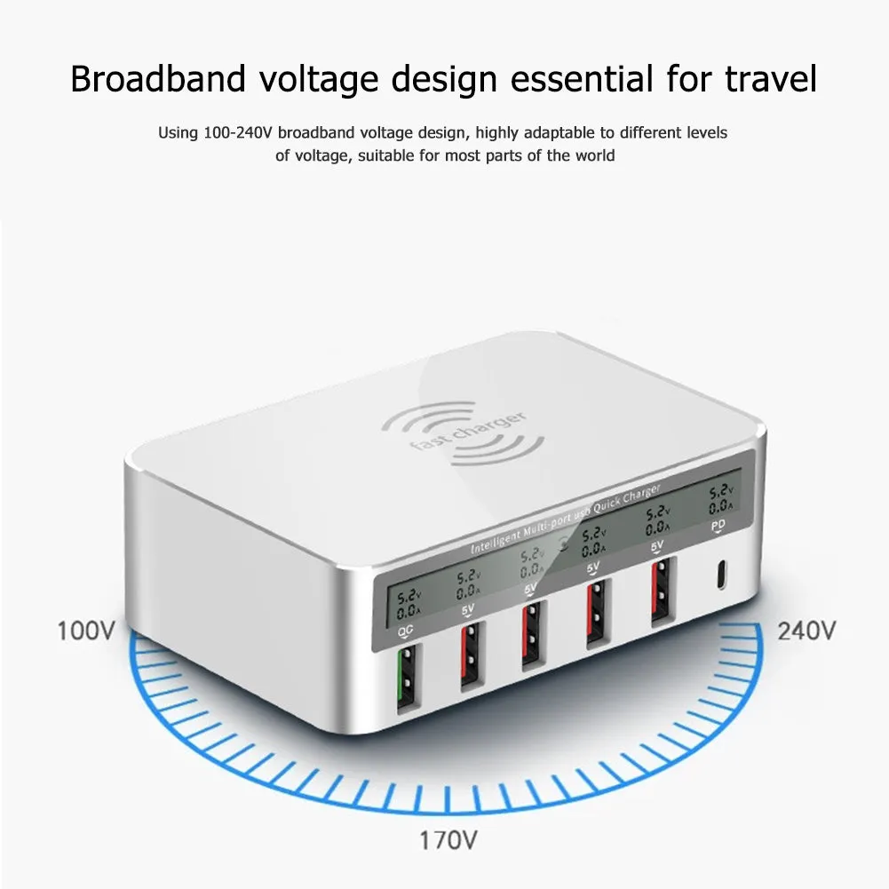 White USB charging station with six ports including USB-C, 1.5 metre cable, and plug adapter options