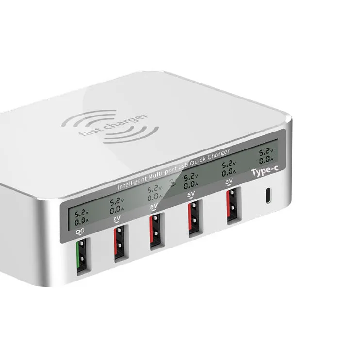 White USB charging station with six ports including USB-C, 1.5 metre cable, and plug adapter options