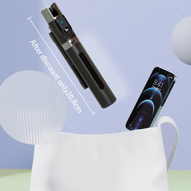 Black Bluetooth selfie stick with dual fill lights extended, showing aluminium telescopic arm