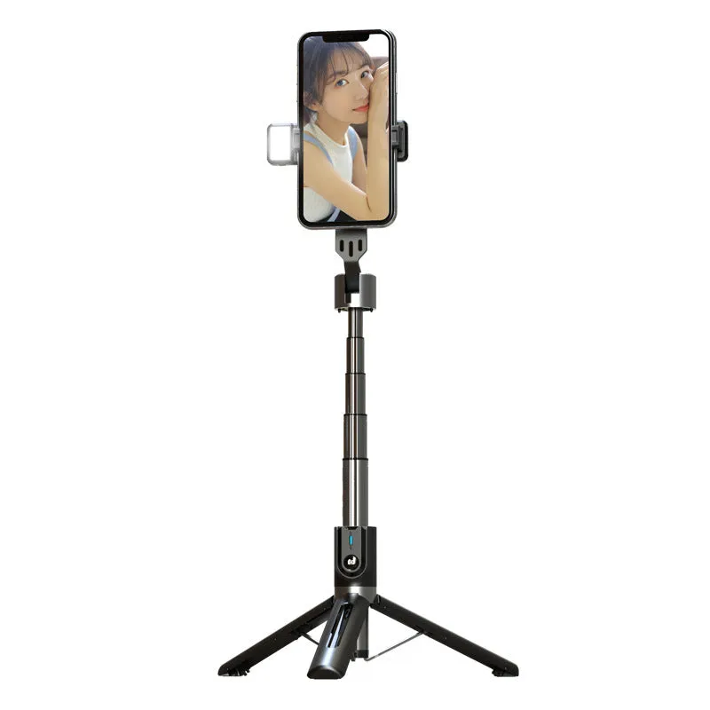 Black Bluetooth selfie stick with dual fill lights extended, showing aluminium telescopic arm