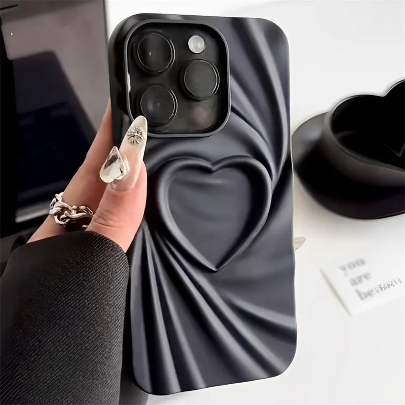 Silicone iPhone case with a simple ruffled heart design in mustard green colour.
