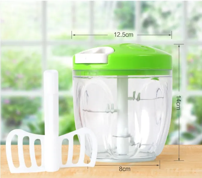 Green manual kitchen chopper with three stainless steel blades inside a clear 500ml bowl.