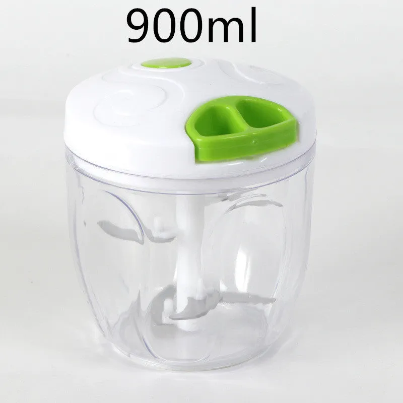 Green manual kitchen chopper with three stainless steel blades inside a clear 500ml bowl.