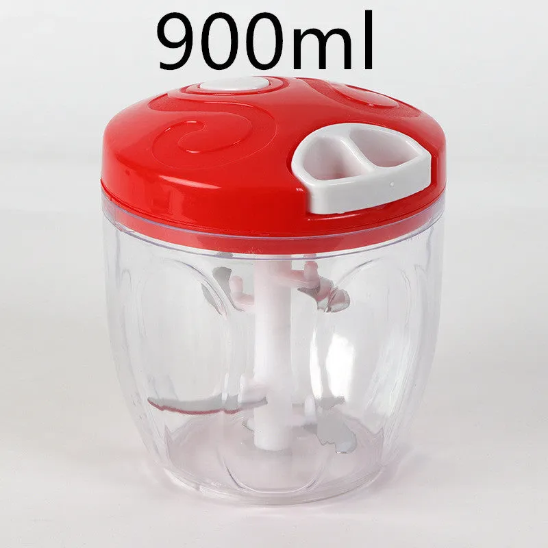 Green manual kitchen chopper with three stainless steel blades inside a clear 500ml bowl.