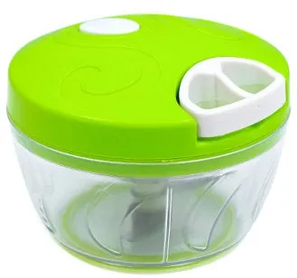 Green manual kitchen chopper with three stainless steel blades inside a clear 500ml bowl.